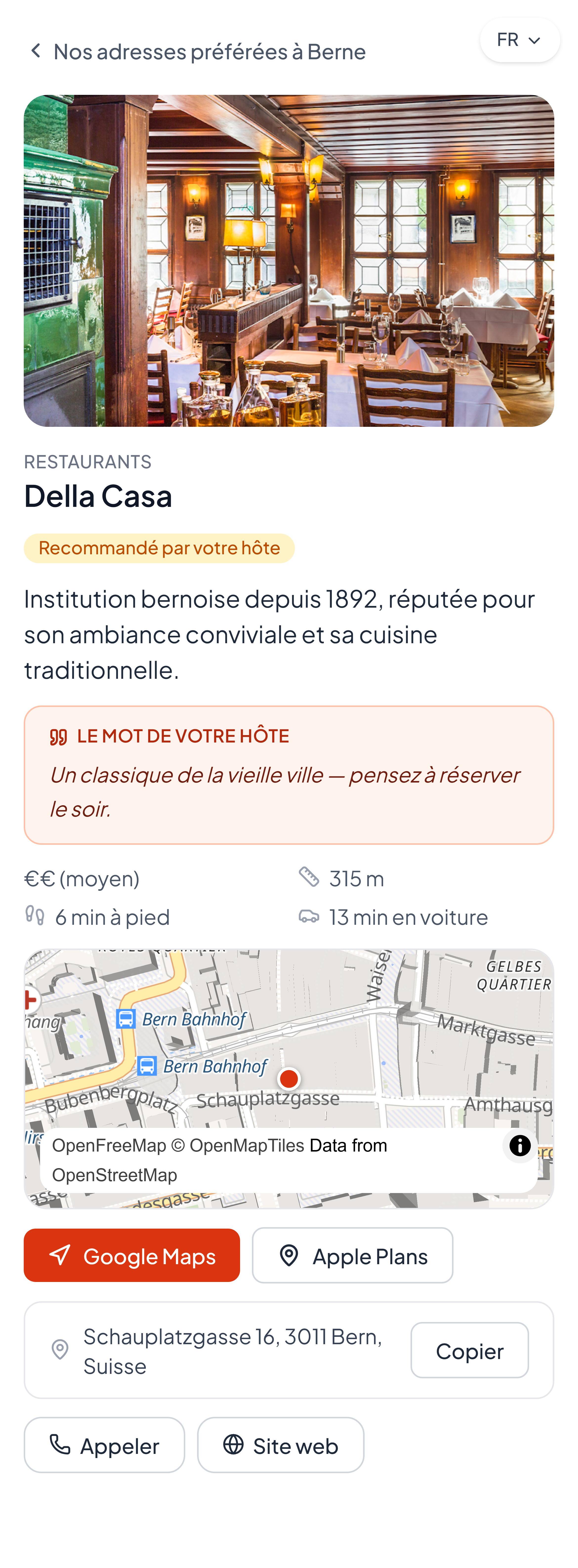 La fiche d'un lieu recommandé, avec l'itinéraire